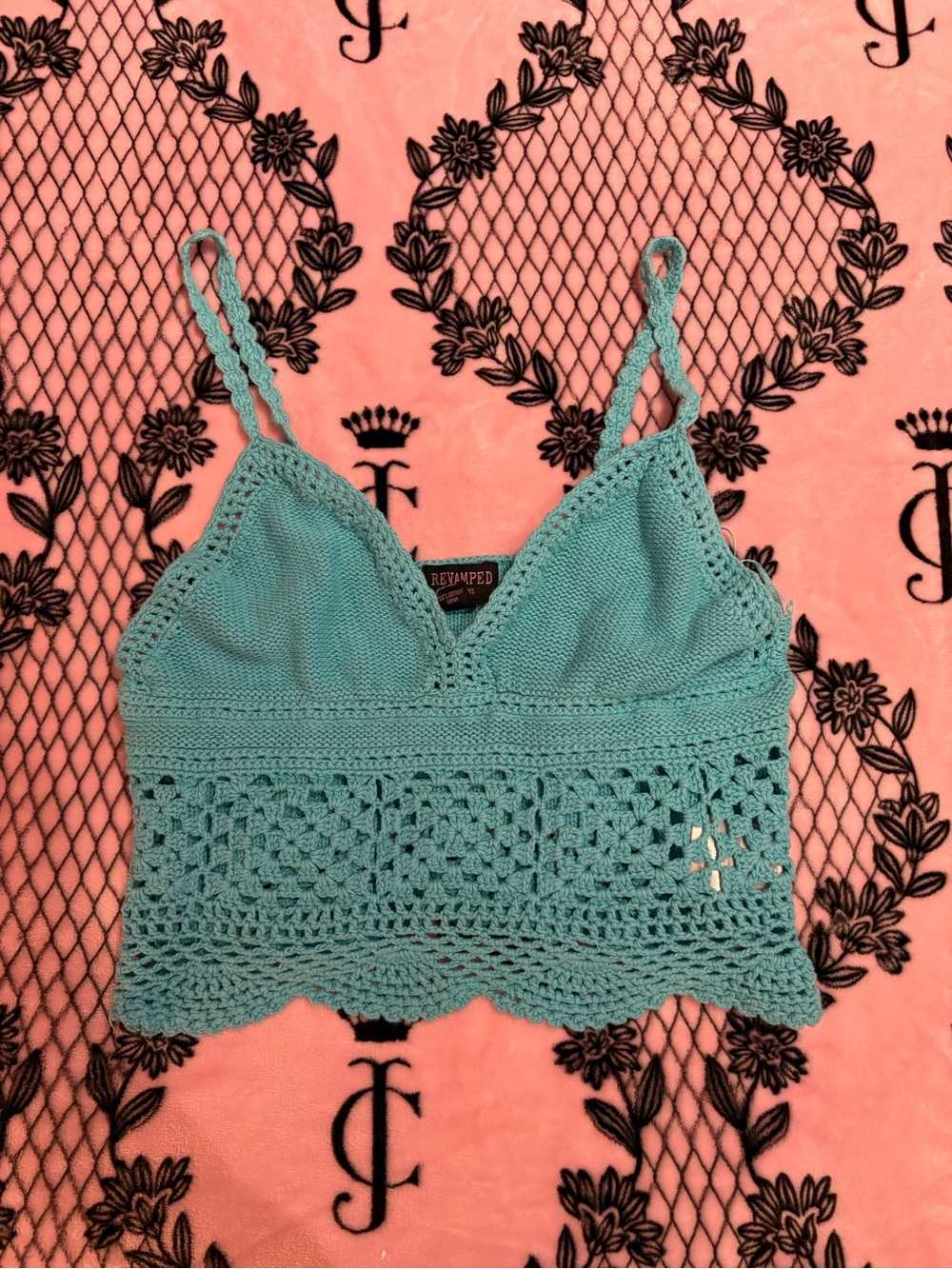 Y2K Revamped by Sirens Aqua Blue Crochet Knit Cami Tank Top